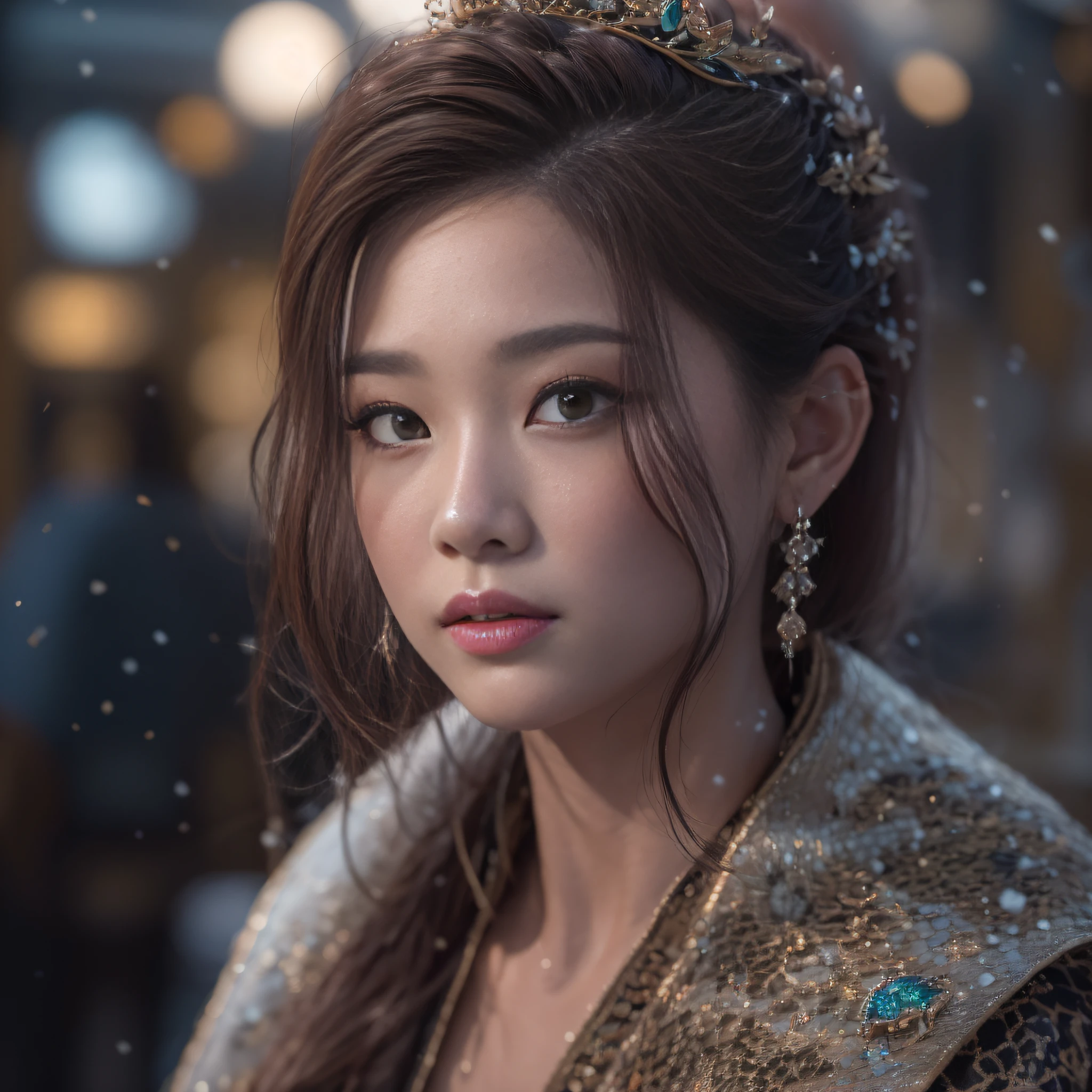 32K(tmasterpiece,k hd,hyper HD,16k)short detailed hair,Vintage train in the back room,Snow Circle Forbidden Land,The nostrils look at people (realisticlying:1.4),Python robe,Purple-pink tiara,Snowflakes fluttering,The background is pure, A high resolution, the detail, RAW photogr, Sharp Re, Nikon D850 Film Stock Photo by Jefferies Lee 4 Kodak Portra 400 Camera F1.6 shots, Rich colors, ultra-realistic vivid textures, Dramatic lighting, Unreal Engine Art Station Trend, cinestir 800,Close-up of the side of the half,There is light in the eyes,Burgundy hair,Rouge light makeup,Thin coating,North China Girl