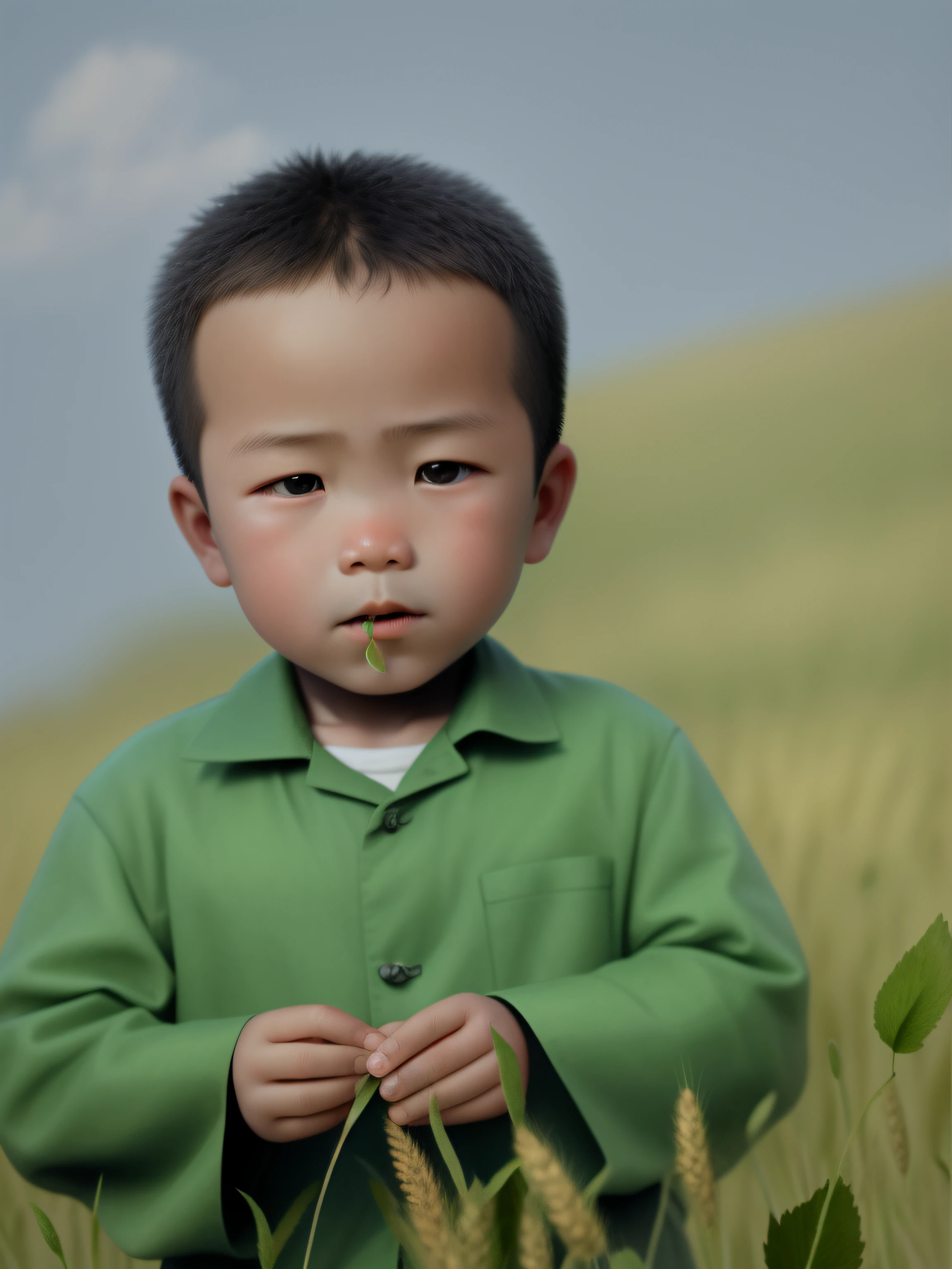 A 4--old nese boy，He wore army-green clothes，Wheat seedling leaves in the hand，Handwriting is realistic and clear，Biting the leaf in the mouth，Stand in the middle of wheat leaves in the wheat field，The sky behind is clear，There are a small number of white clouds，HD face realistic，Realistic clothes，The wheat leaves are realistic and real，The light is natural，Picture coordination，Facial posture，Remain unchanged，enhanced clarity，More realistic