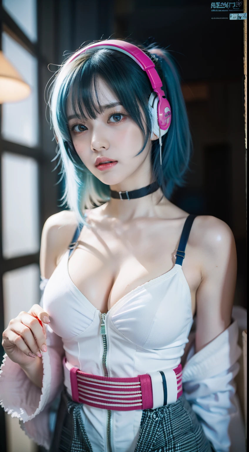A solo shot of an idol similar to Eri Kamei, 『Evangelion New Theatrical Edition』Cosplay as Rei Ayanami. She should have blue hair, Red eyes, and pale skin. She wears Rey's signature white sleeves, Decorated with white bandages. Her stoic expression was evident, Big breasts and big breasts、Jack's headphones were prominently displayed on her head. The background should hint at the world of Evangelion, Probably inside NERV. Lighting should emphasize the characteristics of idleness, Especially her red eyes and blue hair.
mediating: photography
style: Anime meets reality, Combines the anime aesthetic of Evangelion with authentic idol photography.
lighting: Soft but dramatic, Emphasize the contrast between her pale skin and the bright colors of her clothes.
colours: The dominant blue and white, Reddish.
composition: SLR camera, 85mm lens, Clear focus on idle backgrounds is slightly blurred，Depth blur.
--AR 16:9 - V5.1 --style raw --q 2 --s 750
