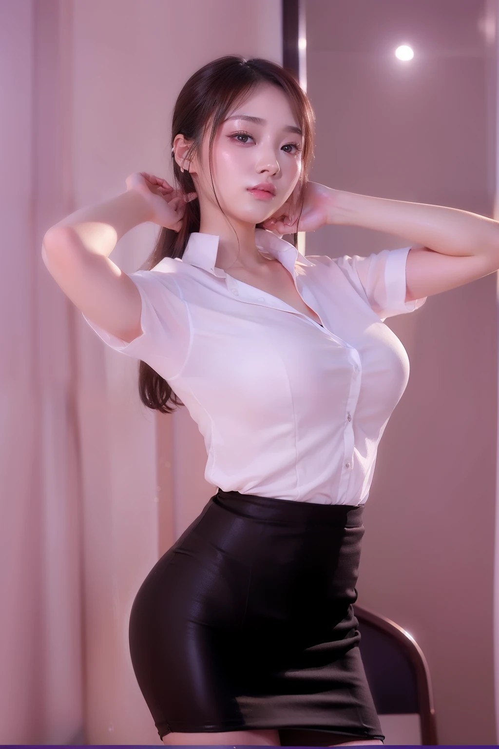 ２５Year old girl、OL wind、Sexy look、sexy  pose、reallistic、high-level image quality、high-detail、Wet eyes、Cinematic lighting、high-detailed skin