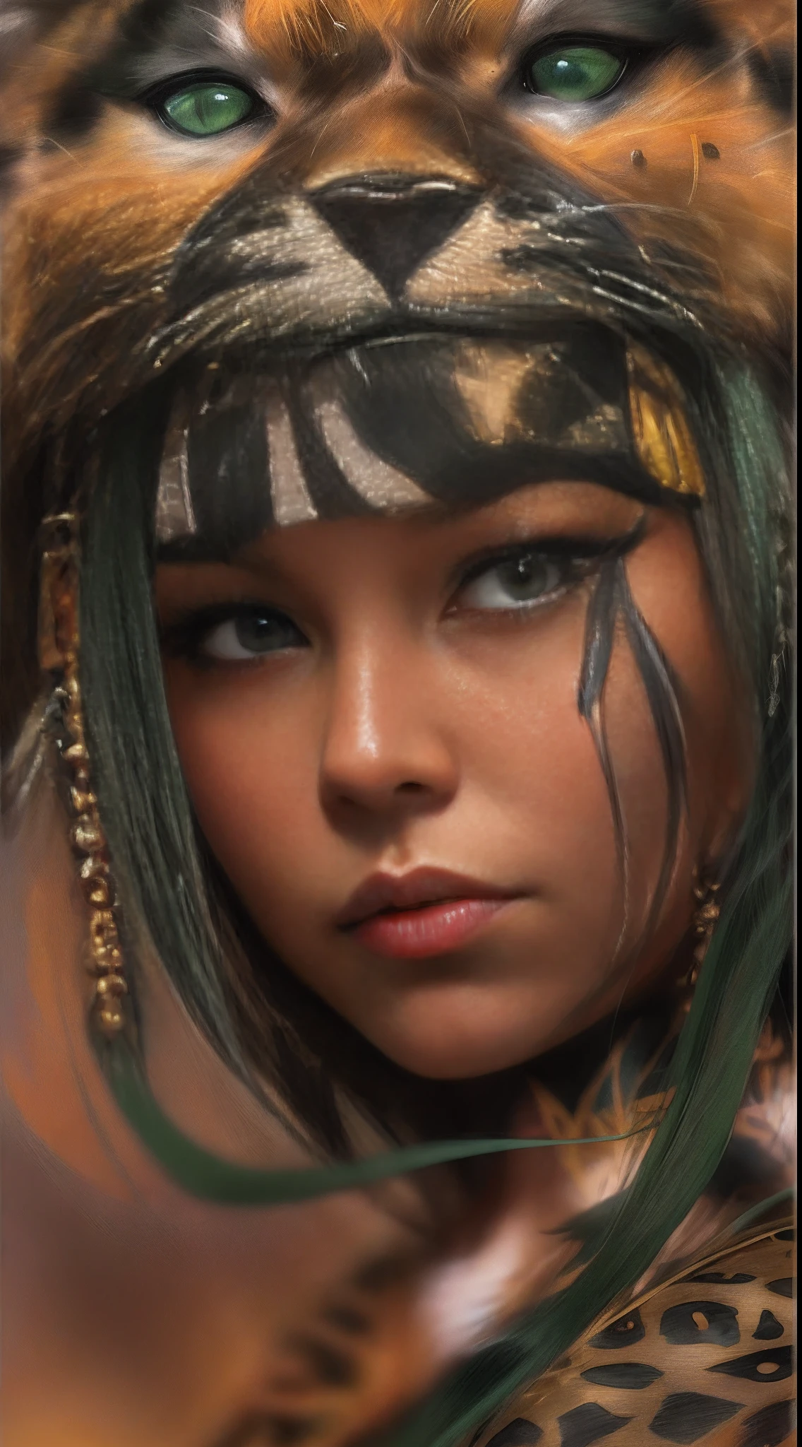 pintura de una valquiria femenina, Tribal leader, Hermosa mujer amazona con cara bonita, BREAK con una capa realista de cuero de piel larga de leopardo con capucha, ( Capucha de piel de leopardo al estilo de la cabeza de leopardo:1.5 ), ( capucha hecha de ( hocico de leopardo :1.5) con orejas de leopardo, piel de leopardo ), Awesome Digital Illustration, fantasy art behance, BREAK retrato de princesa azteca de cuerpo entero en ((Plumas y traje de cuero)) Karol behind UHD, fantasy concept art portrait, art fantasy portrait painting, Pintura detallada 4K, deviantart artstation cgscosiety, Hermosa obra de arte digital, Alena Aenami y Artgerm, Guerrero Amazonas, Amazonas en la selva, tetona,senos grandes, infant, muslos gruesos, Tatuaje de clan, Vista de la parte superior del cuerpo, Dynamic Angle, A la caza,