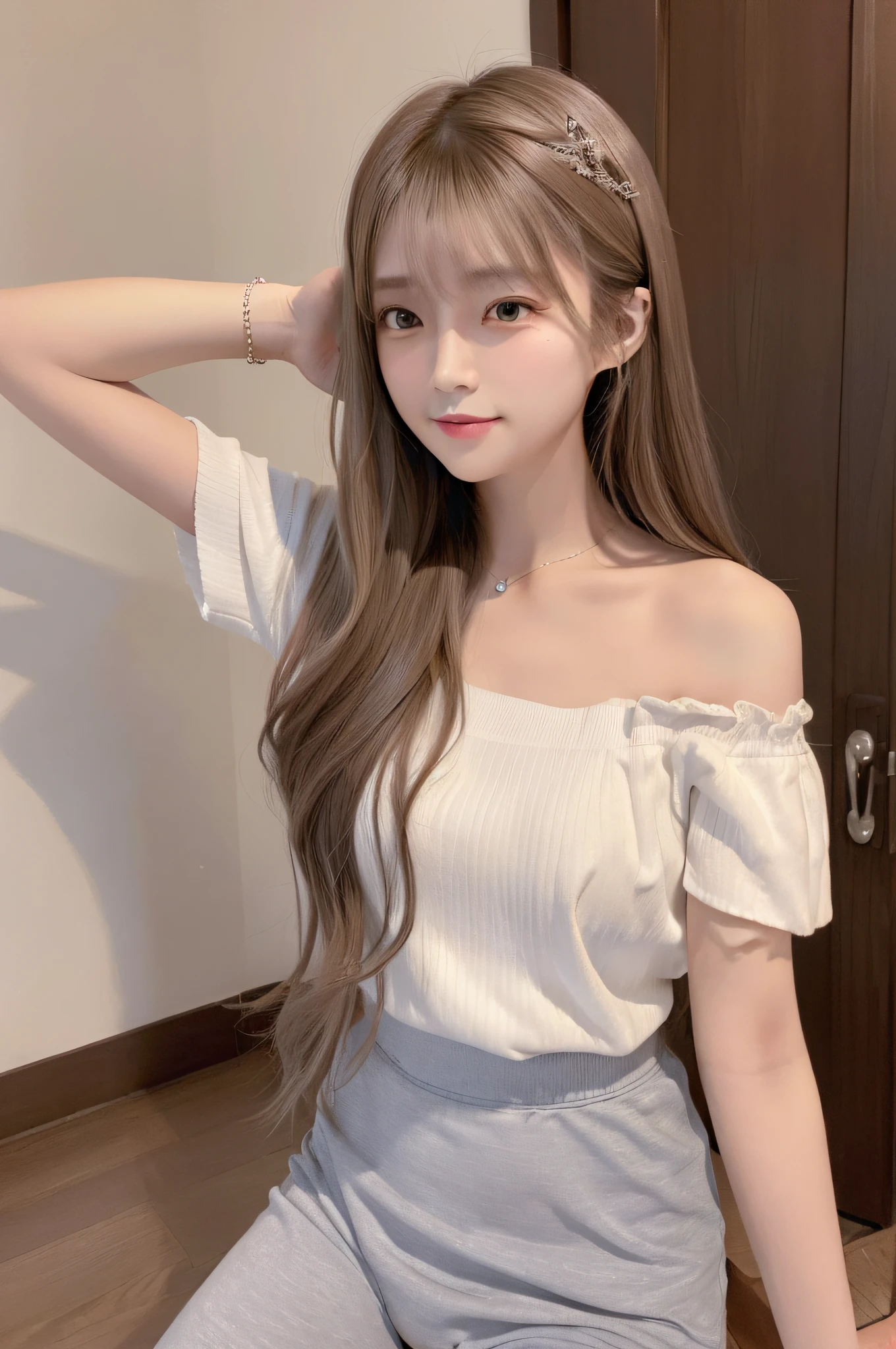 Silver Shiny Hair、Super long straight silky hair、Dazzling blonde, super long, silky hair、16 year old cute little beautiful face、Beautiful girl、A radiant blonde dancing in front of a beautiful face、length, Silky bangs that cover the area between the eyes、so beautiful, bright, big, bright青い目、Very big eyes、Hair that hides the face、Sexy and cute young woman with super long bangs、Very white skin、Cheek Gloss Highlighter、Small Face Beauty、Primary color off-shoulder t-shirt、Ample Bust