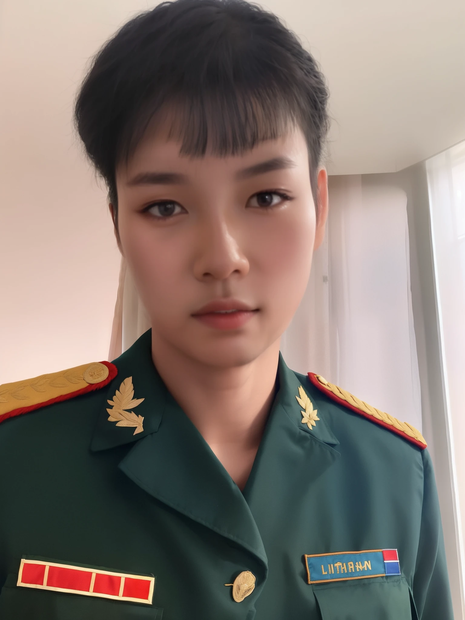arafed man in uniform standing in front of a window, in military uniform, dang my linh, perfect military composure, 165 cm tall, 155 cm tall, wearing military uniform, bao pham, hoang long ly, professional profile picture, headshot profile picture, phong shaded, in a soldier uniform, 23 years old