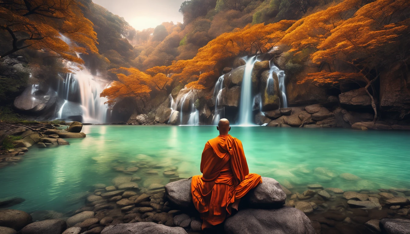 buddhist monks sitting with candles in front of a waterfall, meditating, natural scenery, music, slot, in the forest, exquisite scenery, ordination, hdr, 8k, facebook cover rate