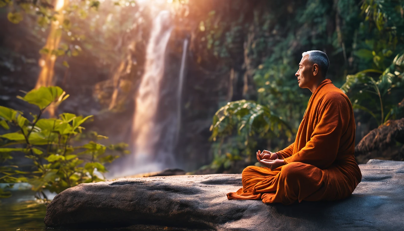 buddhist monks sitting with candles in front of a waterfall, meditating, natural scenery, music, slot, in the forest, exquisite scenery, ordination, hdr, 8k, facebook cover rate
