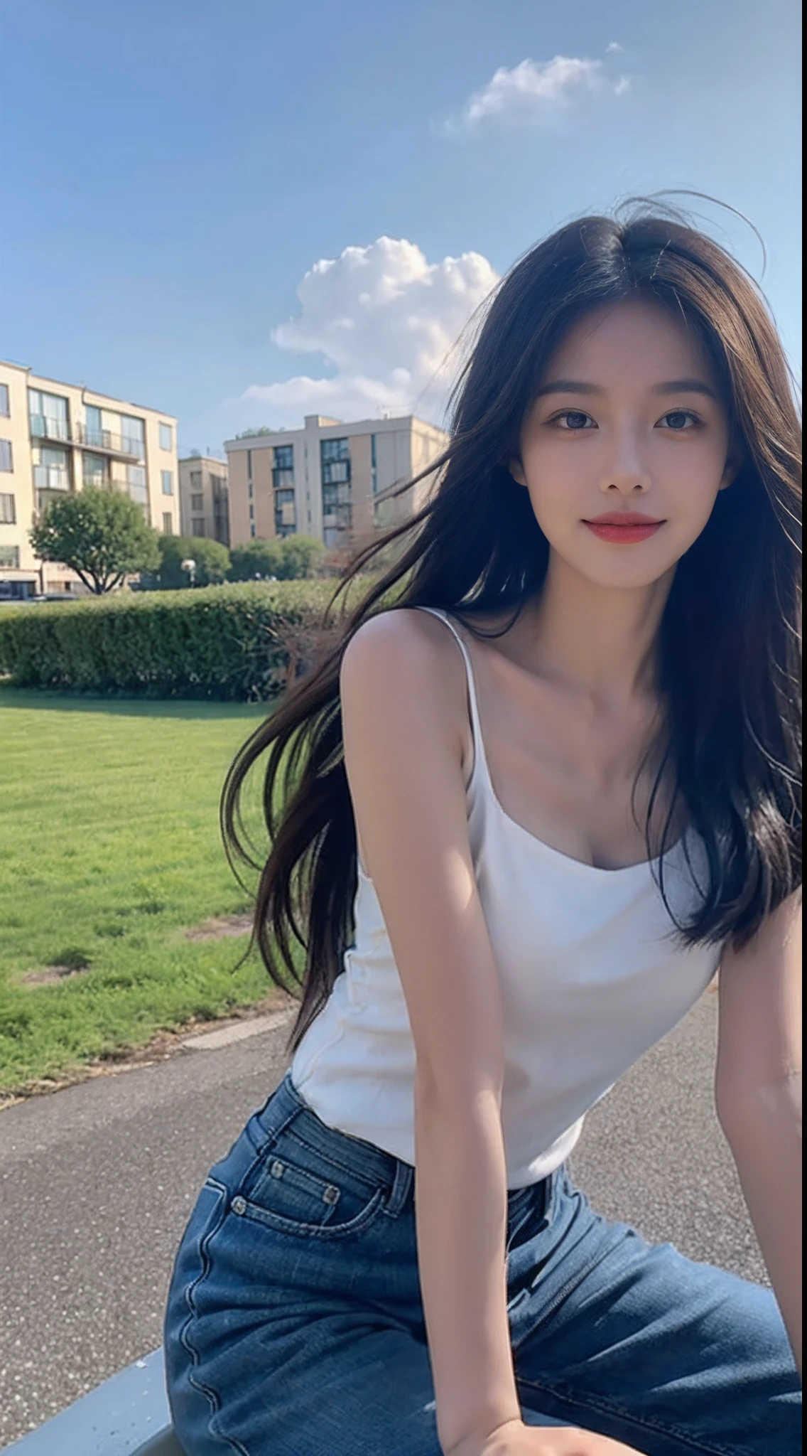 ((Best Quality, 8K, Masterpiece:1.3)), A beautiful girl, pure, melon face, gentle and cute, sweet smile, pure desire, thin figure, (frontal), (tilted head), looking directly at the camera, uniform, obi, formal, black silky long straight hair, long hair flowing over the shoulders, round black big eyes, clear big eyes, moist red lips, sweet, sitting on the side of the road, blue sky and white clouds, grass, buildings,