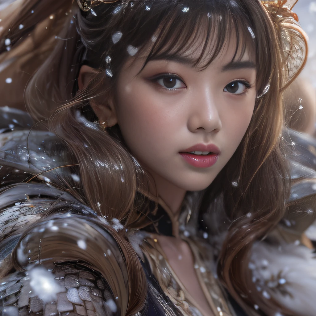 32K(tmasterpiece,k hd,hyper HD,16k)short detailed hair,Vintage train in the back room,Snow Circle Forbidden Land,The nostrils look at people (realisticlying:1.4),Python robe,Purple-pink tiara,Snowflakes fluttering,The background is pure, A high resolution, the detail, RAW photogr, Sharp Re, Nikon D850 Film Stock Photo by Jefferies Lee 4 Kodak Portra 400 Camera F1.6 shots, Rich colors, ultra-realistic vivid textures, Dramatic lighting, Unreal Engine Art Station Trend, cinestir 800,Close-up of the side of the half,There is light in the eyes,Burgundy hair,Rouge light makeup,Thin coating,North China Girl