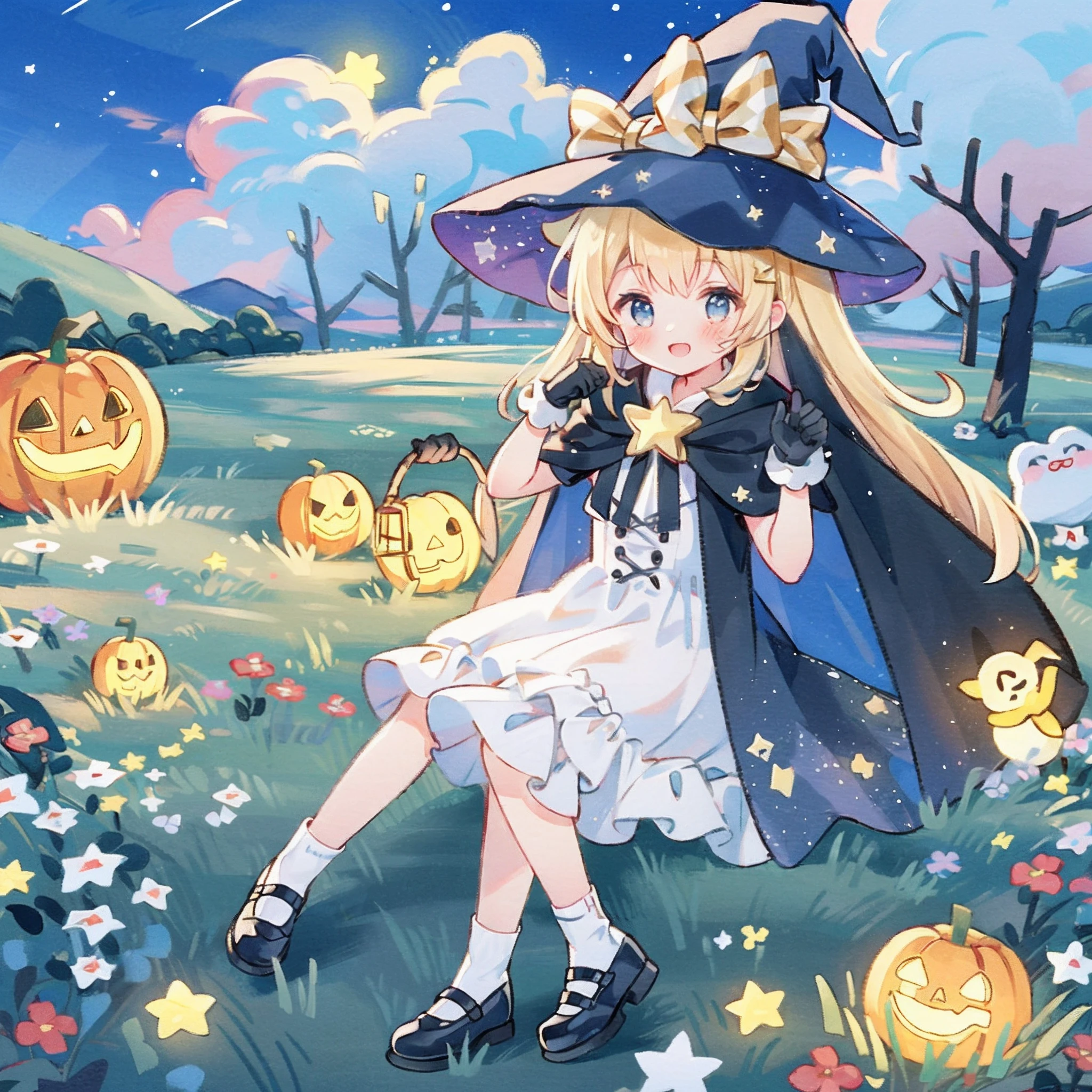 ((masterpiece:1.2, best quality)), 1girl, solo, (witch hat), a close up of a girl witch, colorful hair, dress, aurora night star (sky), gloves, white witch dress, starry sky, light blue eyes, smile, ribbon, cape, magic, casting spell, dark clouds, night, (impressionism:1.4), haunted mansion in background, trick or treating, candy, jack-o-lanterns, pumpkins, glowing lights, magical, whimsical