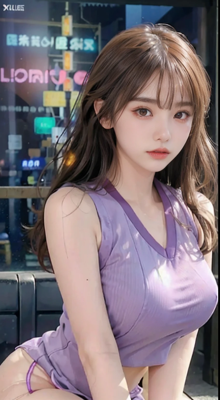 top-quality、tmasterpiece、超A high resolution、(Photorealsitic:1.4)、RAW photo、1girl in、glowy skin、headset on head、((Super realistic details))、porate、globalillumination、black shadows、octan render、8K、ultrasharp、((Delicate body shape))、Future hair accessories、(Basketball team uniforms:1.3)、nedium breasts、((Colossal tits:1.4))、(dark tanned skin:1.4)、highly intricate detail、Realistic light、metallic luster、CGSoation trends、(a purple eye:1.4)、(Radiant eyes)、Facing the camera、neon light detail、Sit on the、Cyberpunk background、small led lights、(Get purple and green illumination from behind)、