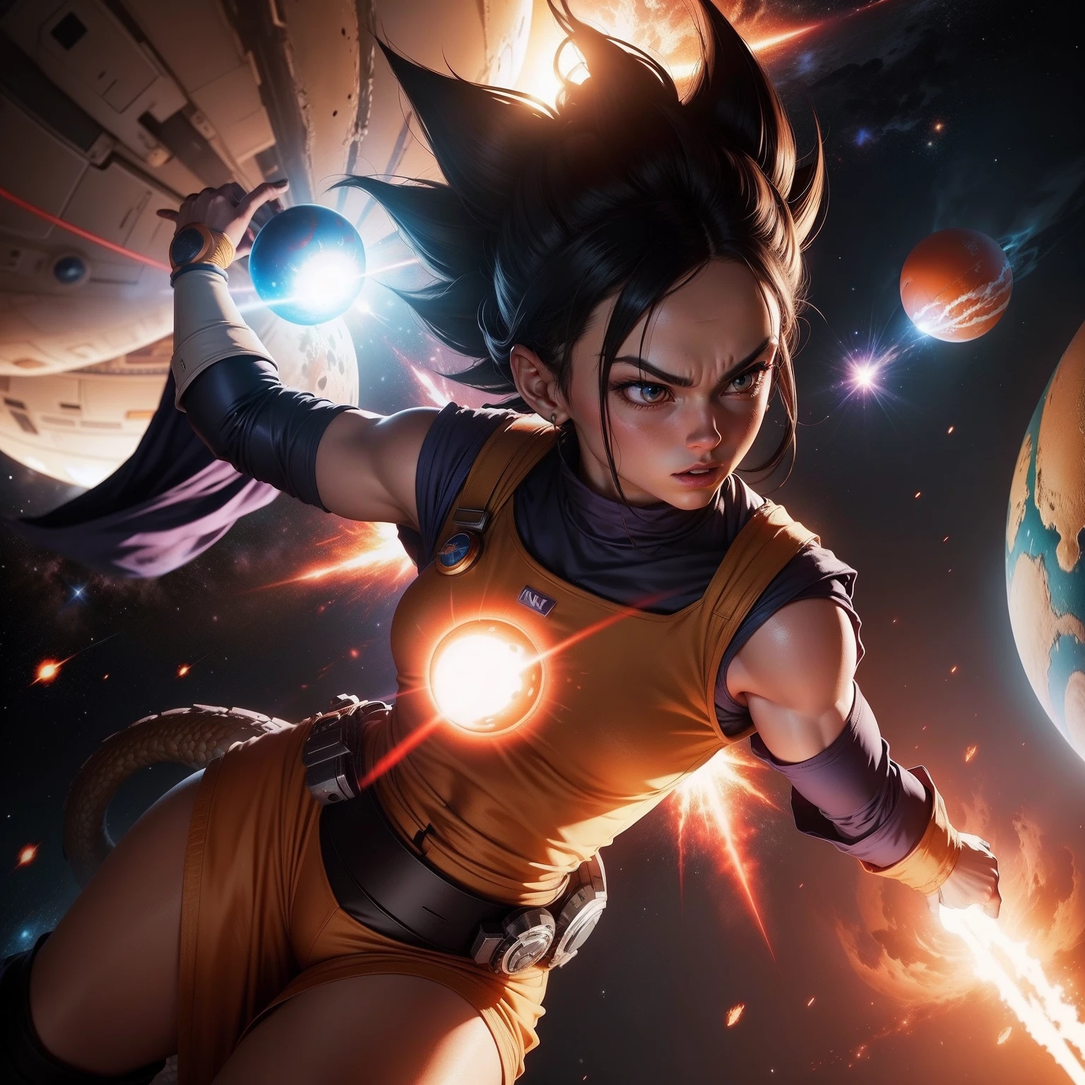 King Vegeta in sexy woman version, dragon ball Anime, cuerpo muy delgado, skinny body, small and beautiful breasts, small and beautiful buttocks, guerrera saiyajin, classic ancient king saiyan armor, provocativa, perversa, obsena, cabello radiante, en fondo se observan planetas destruidos, espacio, poderosa, light particles, light energy, Energy ball, energy aura, intricate details, vibrant colors, dramatic lighting, cinematic composition, photorealistic, award winning illustration, masterpiece