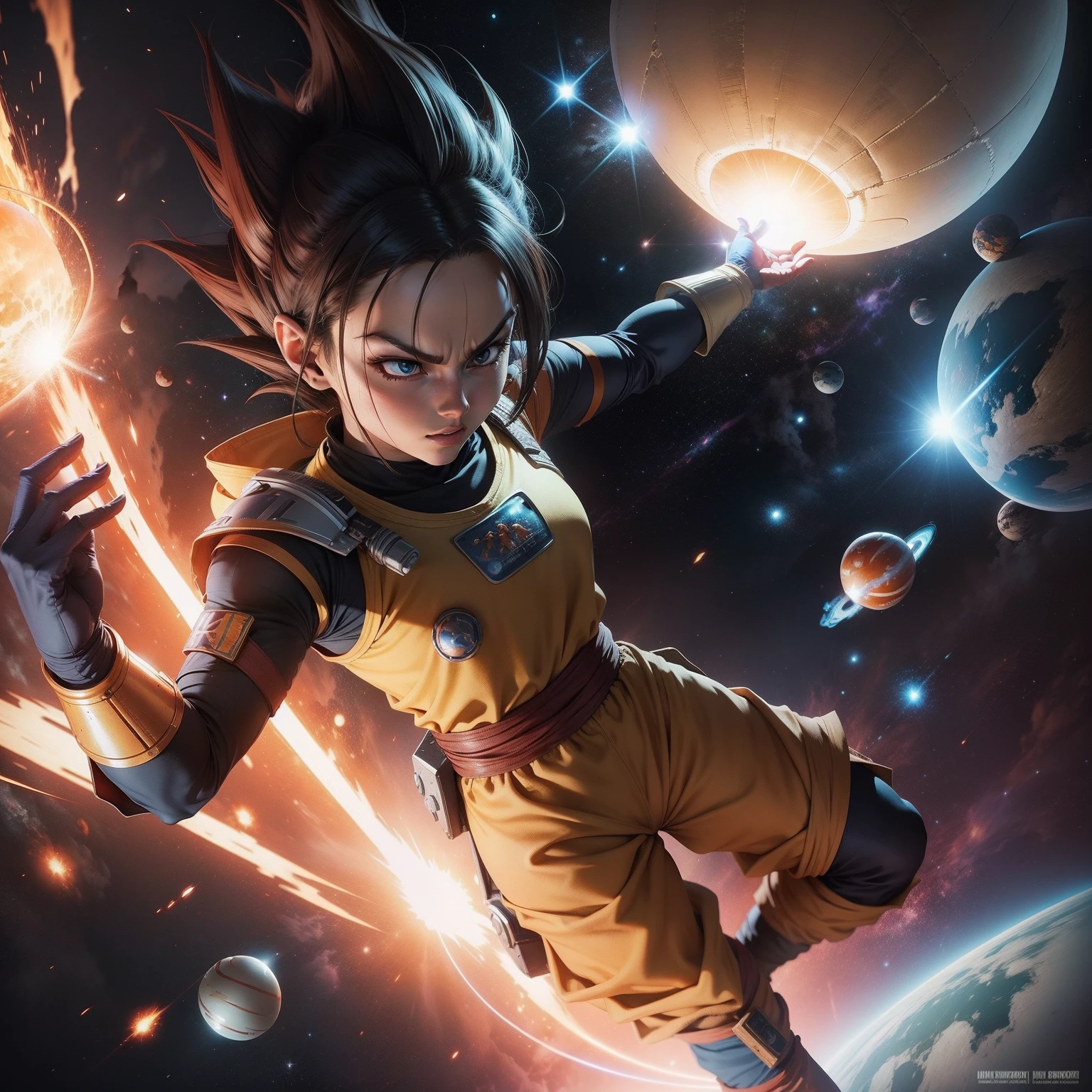 Ultrarealistic dragon ball z inspired character in space with a planet exploding in the background in the face of a star war