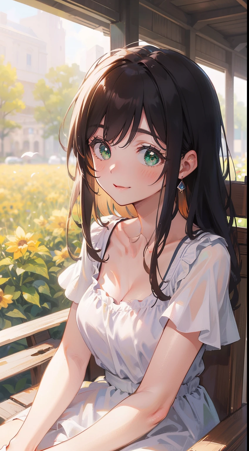 (masterpiece), (best quality), ultra high res, sharp focus, warm pastel tone, ((1 mature woman, solo)), upper body, medium long shot, MLS, beautiful detailed hair, chestnut brown hair, messy long hair, beautiful detailed face, ((beautiful shapes of eyes, green eyes)), perfect feminine face, happy face, smiles, look at the viewer,feminine light dress, in the beautiful morning, sitting on ground of the beautiful flowers meadow