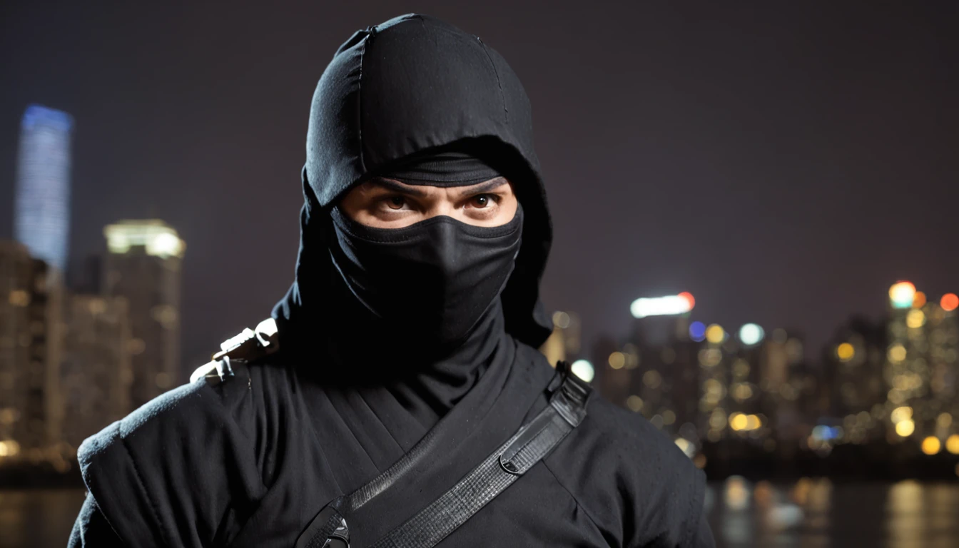 ninja de mascara cobrindo o rosto, tela de estilo cartoon, telhadinho encostado em casa escura, in Japan, ninja forte, a noite, chuva fina e densa, estilo Ninja Gaiden, standing looking out over the city, vento pela roupa, arms crossed.