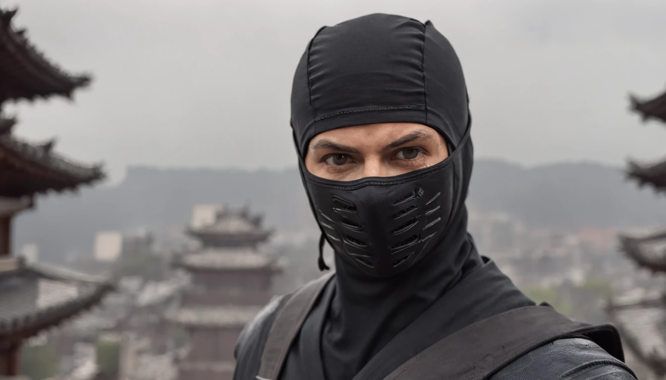 ninja de mascara cobrindo o rosto, tela de estilo cartoon, telhadinho encostado em casa escura, in Japan, ninja forte, a noite, chuva fina e densa, estilo Ninja Gaiden, standing looking out over the city, vento pela roupa, arms crossed.
