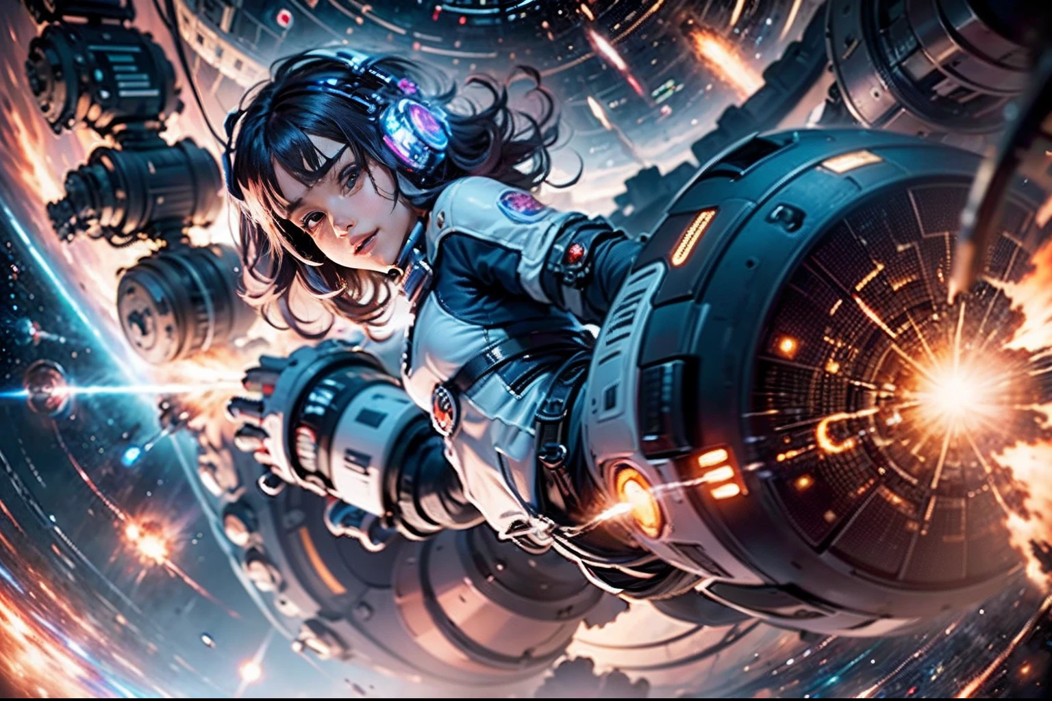 POV desde un lado, 1girl,(Disparo de vaquero:1.2), sentada, (Piernas cruzadas:1.2),(SFW:1.2), Space Station, mecha, sonrisa malvada, Control remoto en la mano, Pressing the button, (Large explosion of the space station in the background:1.3) ,