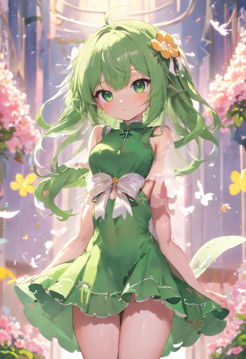 1Chica, elfa, cabello blanco, mostrando la frente, cabello corto, vestido verde posando desnuda, loli en vestido, en pixiv, Tendencias en ArtStation Pixiv, Cushart Krenz, Artgerm extremadamente detallado, con un traje de flores, adolescente, in Ultra-small towel naked、mojado y transparente、a Bonita、blushed、escote de la mama、Thights、no brassiere、Sin bragas、Alta calidad de imagen、vivid、Altos detalles、Entrepierna、浴室