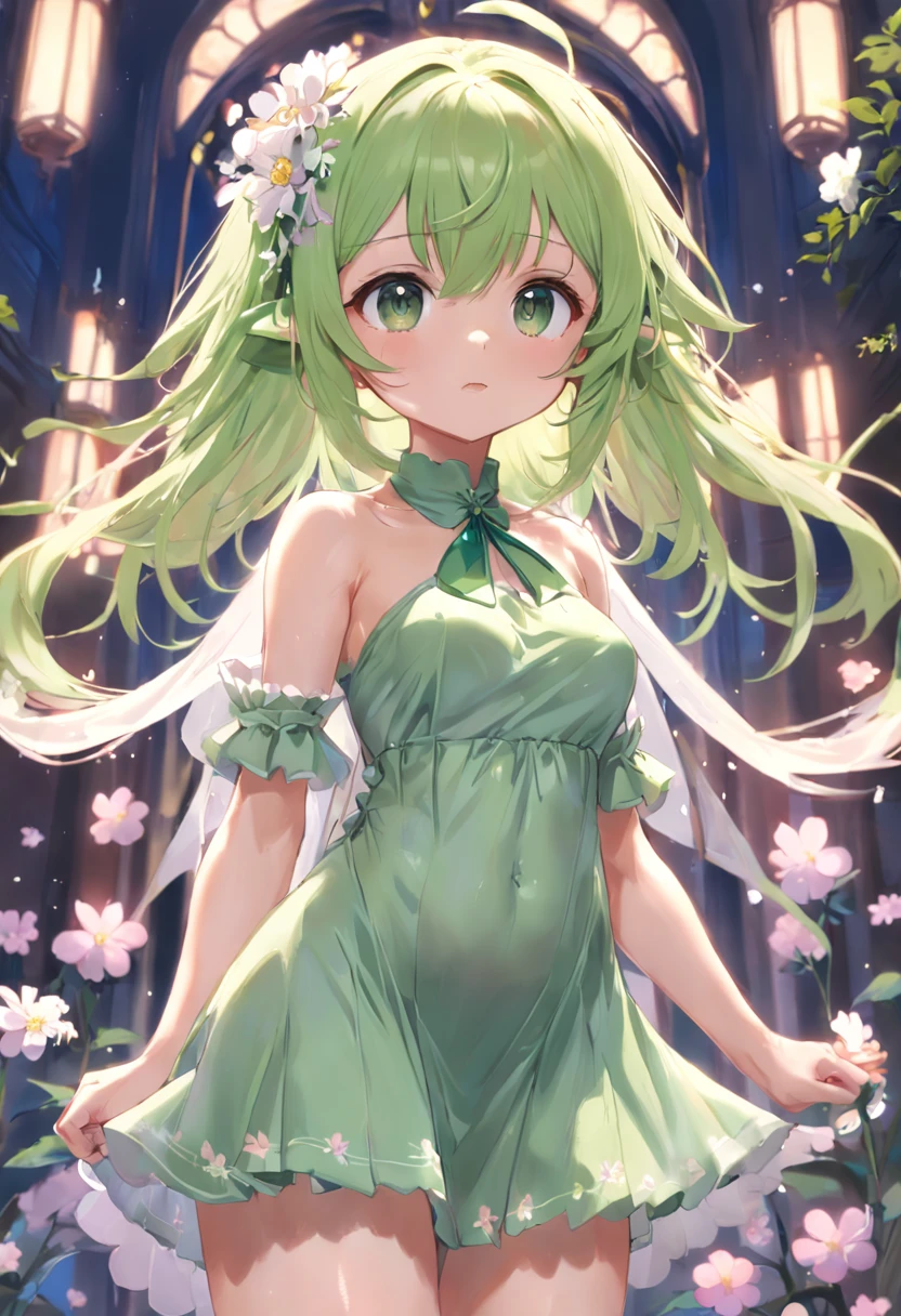 1Chica, elfa, cabello blanco, mostrando la frente, cabello corto, vestido verde posando desnuda, loli en vestido, en pixiv, Tendencias en ArtStation Pixiv, Cushart Krenz, Artgerm extremadamente detallado, con un traje de flores, adolescente, in Ultra-small towel naked、mojado y transparente、a Bonita、blushed、escote de la mama、Thights、no brassiere、Sin bragas、Alta calidad de imagen、vivid、Altos detalles、Entrepierna、浴室