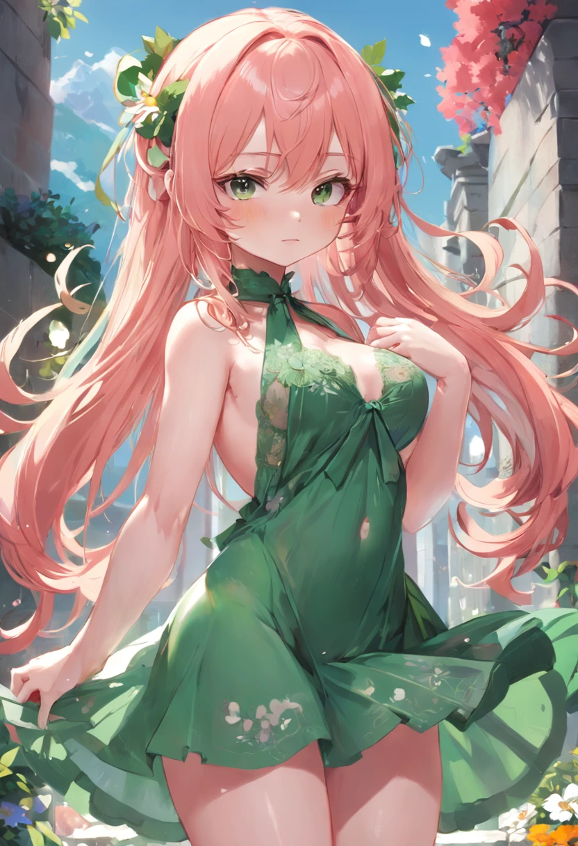 1Chica, elfa, pelo blanco, , cabello corto, ojos rojos, vestido verde posando desnuda, en vestido, en pixiv, Tendencias en ArtStation Pixiv, Cushart Krenz, Artgerm extremadamente detallado, con un traje de flores, adolescente, in Ultra-small towel naked、mojado y transparente、bonita、blushed、escote de la mama、Thights、no brassiere、Sin bragas、Alta calidad de imagen、vivid、Altos detalles、Entrepierna、浴室