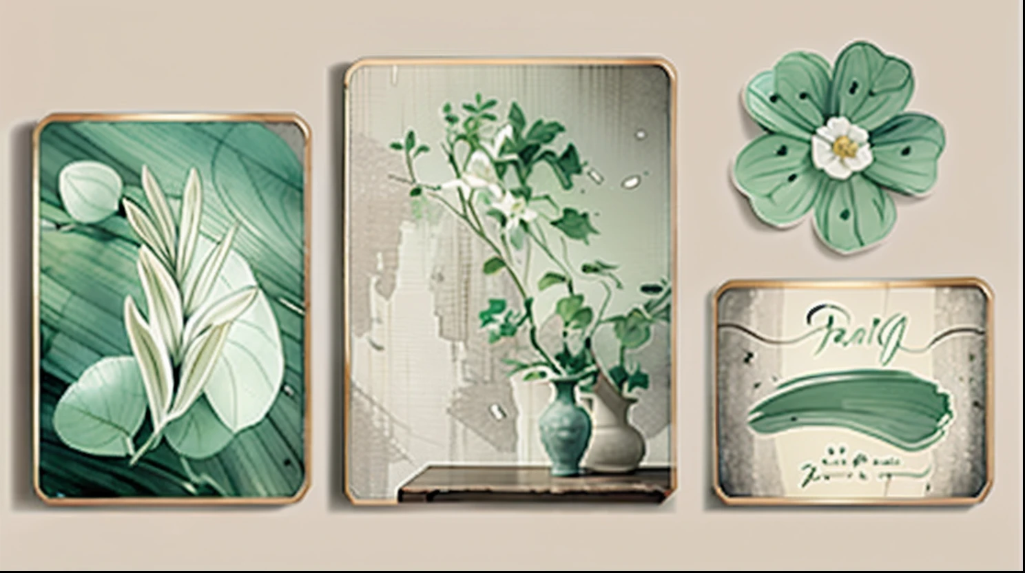 A close-up of a wall，There was a vase of flowers and a clock on it, Wall art, in pastel shades, elegant and refined painting, Canvas art, clean elegant painting, pastel green, soft zen minimalist, canvas art print, pale greens and whites, Inspired by green art, Painting style, Chinese painting style, trending artistic art, magnolia leaves and stems, canvas painting, minimalist painting
