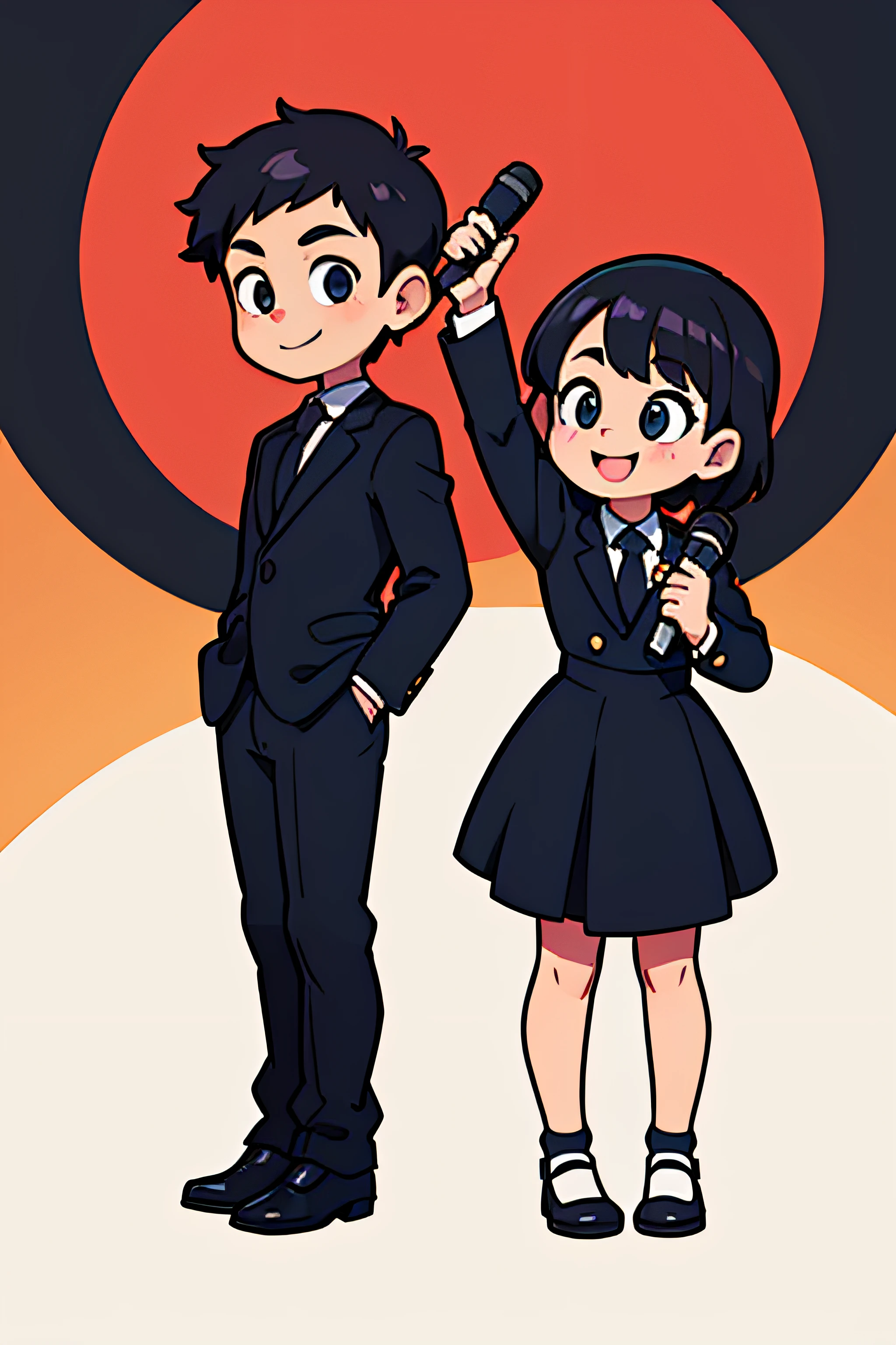A playful and cute girl and a cute littlen black business clothes,standing on your feet,Full body photo,Q version,holding a mic,Interview another person with a smile