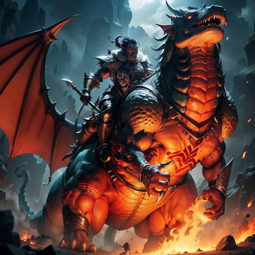 An orc warrior,Riding a huge dragon,breathingfire