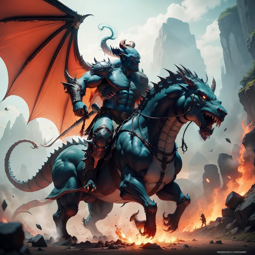 An orc warrior,Riding a huge dragon,breathingfire