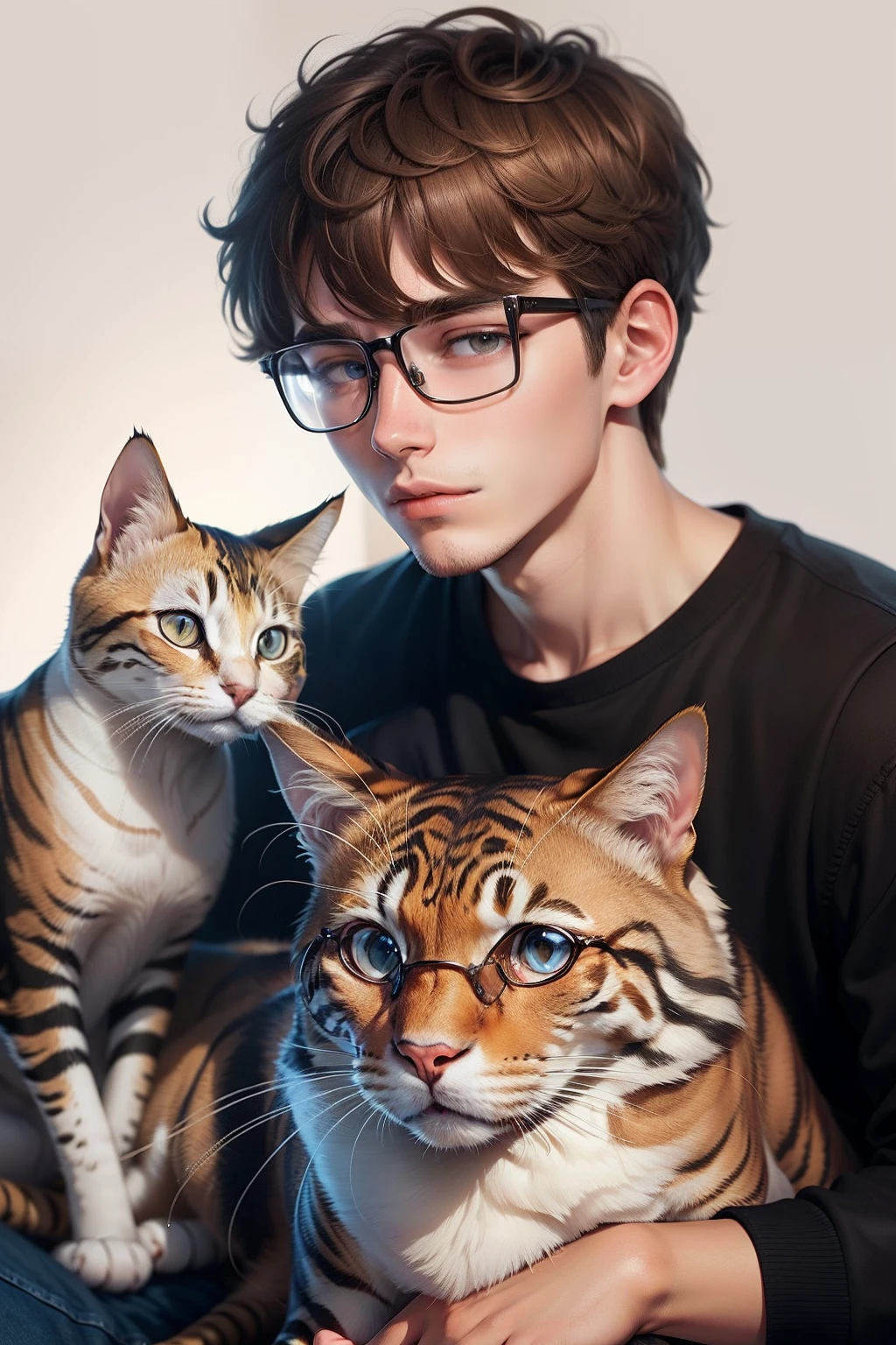 An 18-year-old man with brown hair with glasses with his cat,head portrait