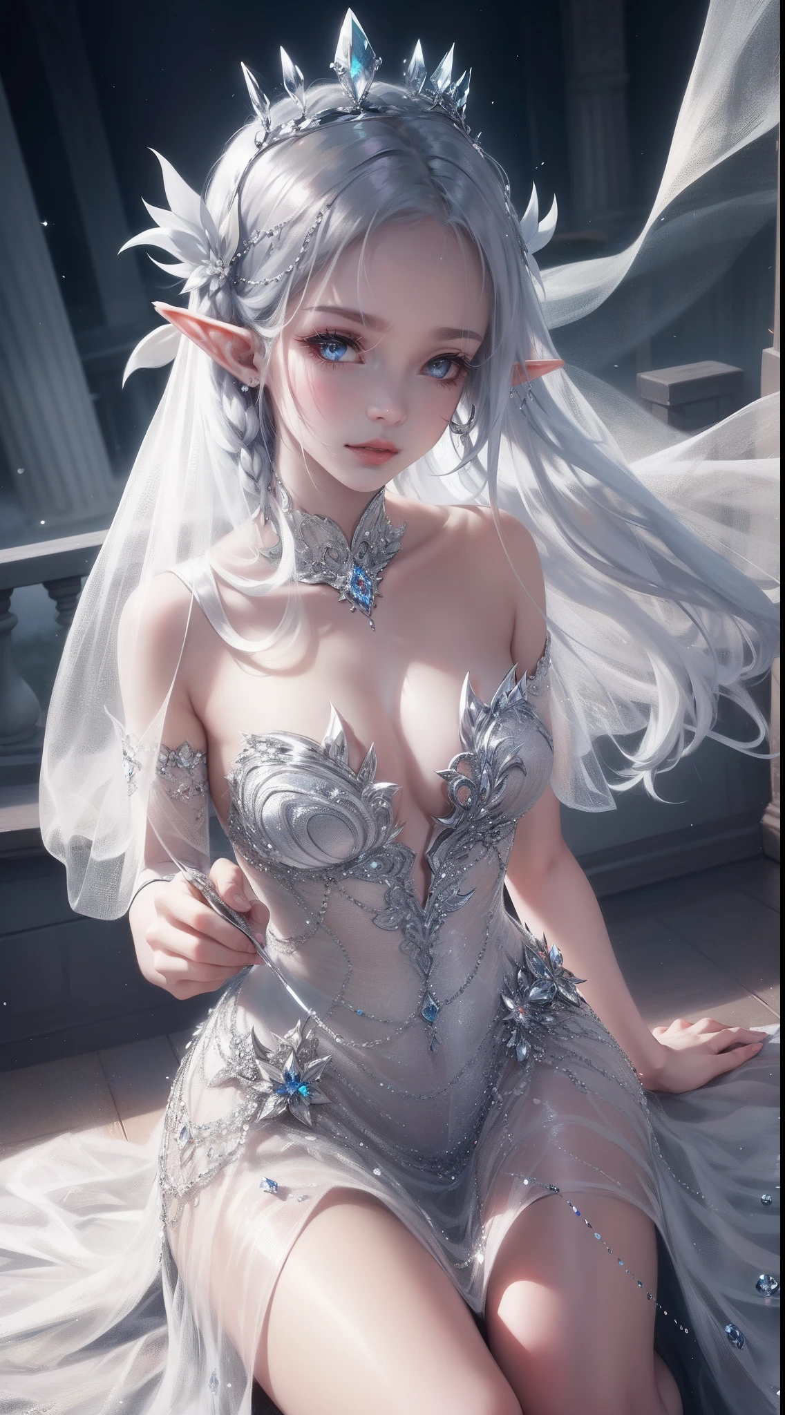 1girll, elf, fairy queen, White colored hair, Silver eyes, Crystal crown, diamonds, (((Silver dream tulle))), translucent cleavage dress, Transparent dress, Sparkling, hyper HD, illusory engine, Volumetric lights