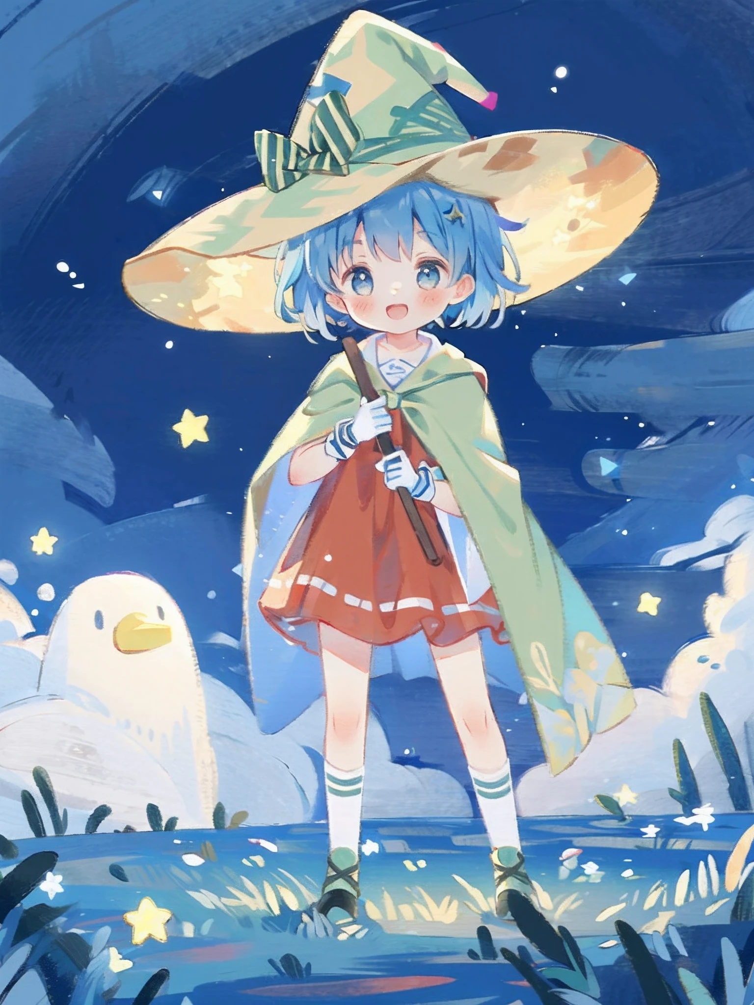((masterpiece:1.2, best quality)), 1girl, solo, (witch hat), a close up of a girl with short blue hair, short hair, dress, aurora, night, star (sky), gloves, sky, white dress, night sky, open mouth, starry sky, light blue eyes, ribbon, very shorthair, red dress, smile, hair ribbon, cape, blue hair, (bird), magic, casting spell, dark clouds, night, (impressionism:1.4), alphonse mucha,