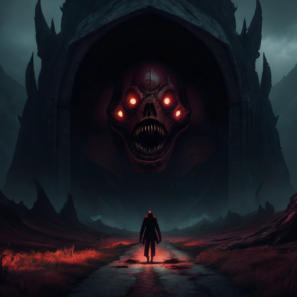 a horrifying terrifying mysterious ominous creepy scary dark cave built out of flesh and monsters, sci - fi, Fantasy, Abstract art, Surrealism, Horror, panorama of a body horror landscape made of blood red flesh and monster faces with eyes and teeth and bones with a yellow and black sky with a massive yellow eye in the distance, Lovecraftian, traditional art, 4 k, HD, Concept art, Digital art, Trending on Artstation