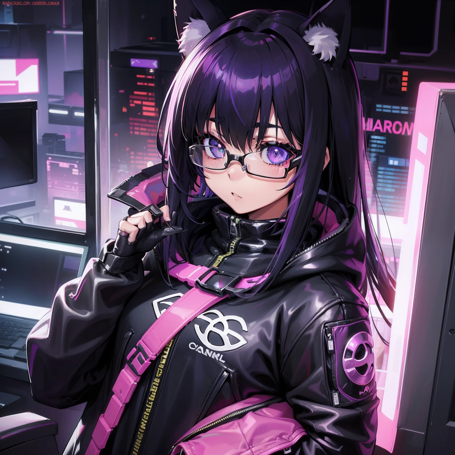 Cyberpunk menina roxo gamer, with glasseswith cat ears, olhos roxos brilhando, Cabelo preto Chanel com pontas roxa