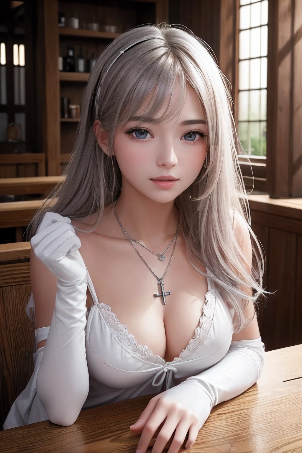 (Skindent:1.5), realisitic, Photorealsitic, (masterpiece:1.5), concept-art, intricate detailes, high-detail, Photorealsitic, octane renderings, 8K, unrealengine, dynamicposes, Top image quality, hight resolution, ((Dramatic)), epic poem, depth of fields, 8K, Particle, (lifelike face:1.1, surrealistic:1.1), ((1girl in, a closeup, small tits, perfect eyes, finely eye, high quality eyes, high quality eyes, perfect_face, face with high quality, shinny skin:1.2, Shiny face:1.2, embarrassed from、red blush:0.8))、server、Rustic tavern interior in the background、pitcher、signboard、Cheerful fantasy atmosphere、细致背景、Wooden bar table blurred as foreground、(((silber hair、perfect hand)))、((clergyman、priest、high priestess、White miter、White Tabard Crossprint、Elbow gloves、pelvis curtain、耳Nipple Ring、a necklace))、are visible、Beautiful nipples、Beautiful areola