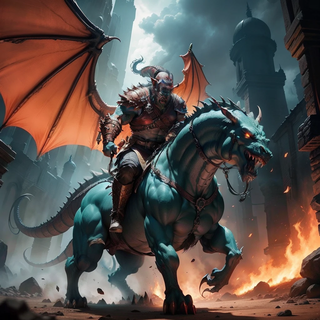 An orc warrior,Riding a huge dragon,breathingfire