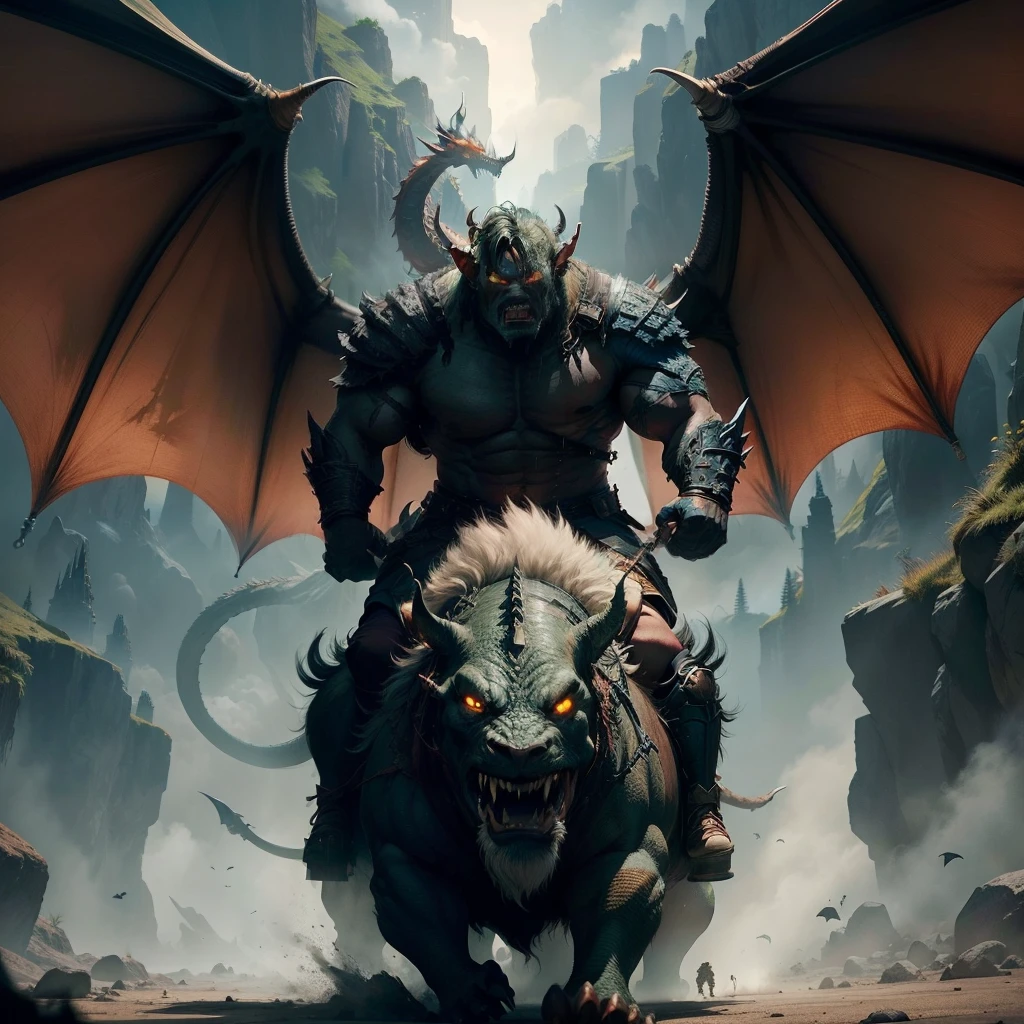 A giant bat with horns ridden by a man of gypsy origin Cortes heads towards the side of a mountain where there is an army of ogres.