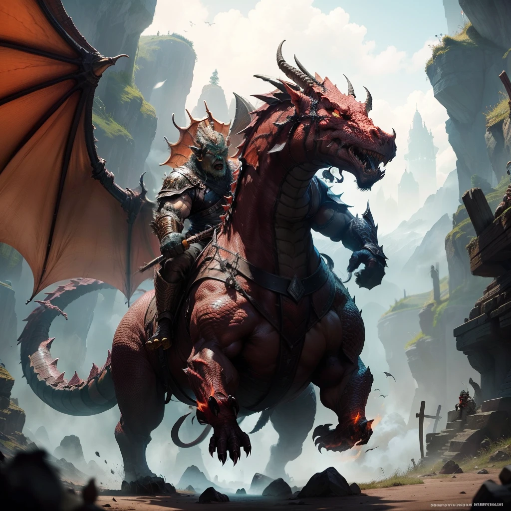 An orc warrior,Riding a huge dragon,breathingfire
