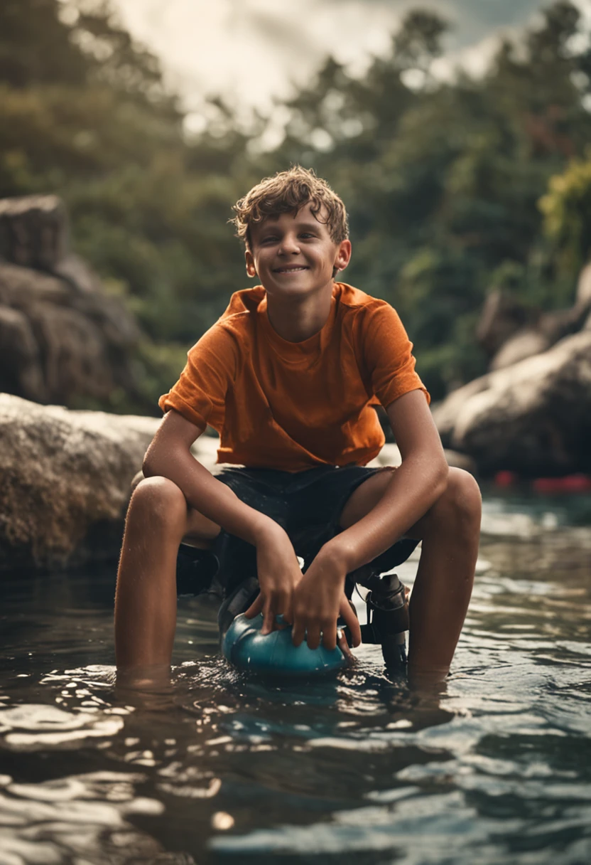 sitting in the water,Shirtless,with fair skin,ssmile,Diving tools