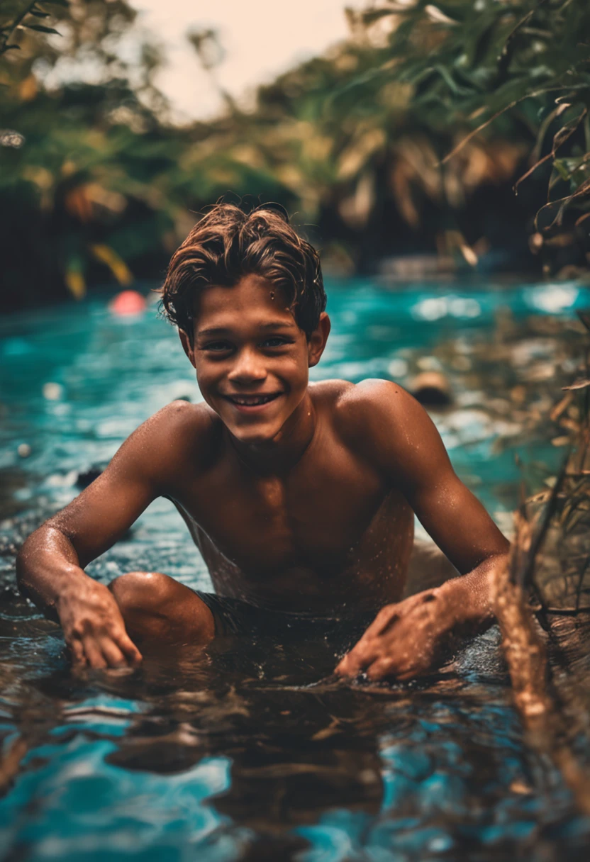 sitting in the water,Shirtless,with fair skin,ssmile,Diving tools