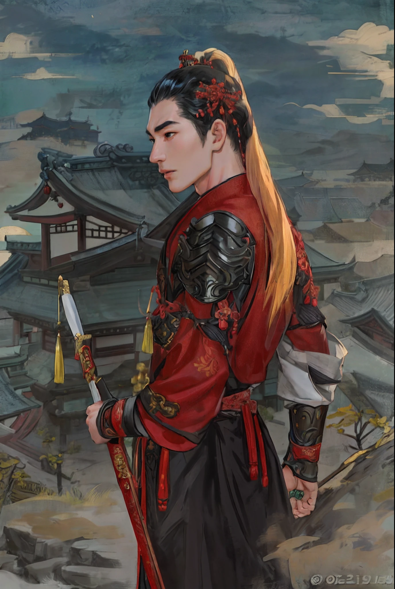 nsfw,tmasterpiece,Need,super-fine,Semi-realistic,Meticulous facial features,1boy,male people，China-style，full bodyesbian，Wearing armor，Ancient Chinese armor，Side Body，Lateral face，sideface，Shogun，walk，Holding a cold weapon with a long handle and a pointed toe