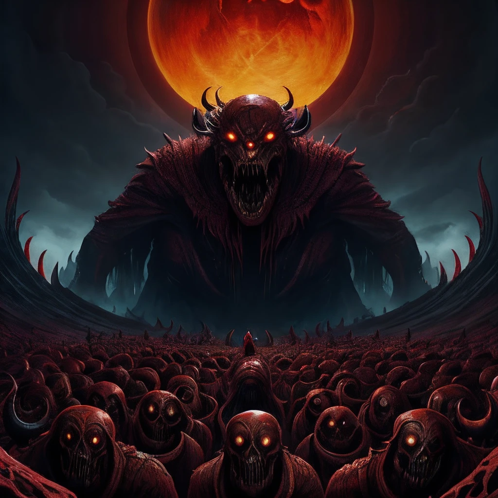 a legion of scary demons made of flesh and monsters, sci - fi, fantasia, arte abstrata, surrealismo, horror, Panorama of a landscape of body horror made of red flesh of blood and faces of monsters with eyes and teeth and bones with a yellow and black sky with a huge yellow eye in the distance, Lovecraftian, arte tradicional, 4 k, HD, Arte conceitual, Arte digital, trending in the artstation
