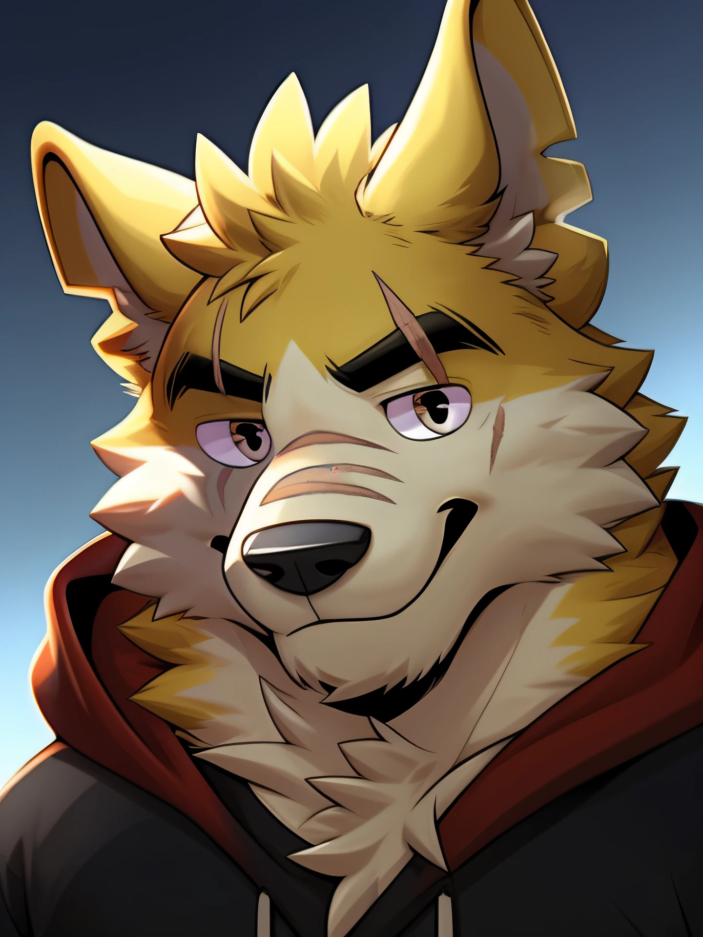 tmasterpiece， Best quality at best，shaggy male， 1boys， hairy pubic， malefocus， 独奏， Animal ear， formal， Wolf ears， Wolf boy， ssmile，White fur，Yellow fur，Brown fur，two tone fur，黑The eye，Black shirt，Red hood，black   hoodie，Thick eyebrows，coda，looks into camera，full bodyesbian，scars on eyes，Yellow ears，