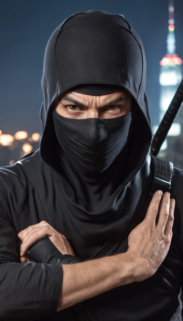 ninja de mascara cobrindo o rosto, no telhado de uma casa,Japan, ninja forte, a noite, chuva fina e densa, estilo Ninja Gaiden, standing looking out over the city, vento pela roupa, arms crossed.