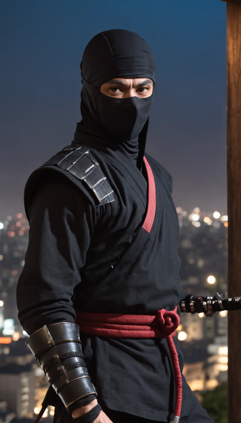 ninja de mascara cobrindo o rosto, no telhado de uma casa,Japan, ninja forte, a noite, chuva fina e densa, estilo Ninja Gaiden, standing looking out over the city, vento pela roupa, arms crossed.