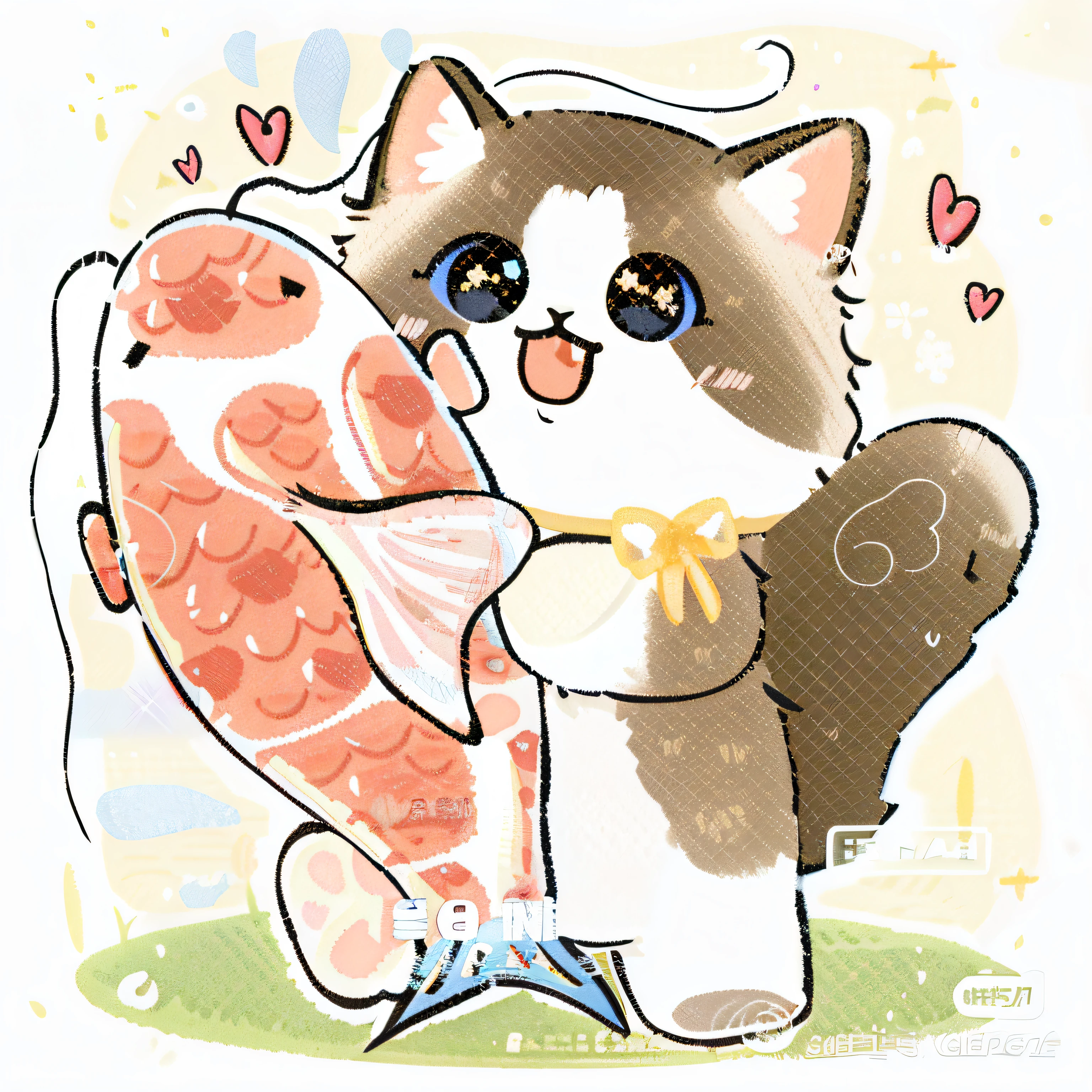 Cartoon cat with a fish in its paw，Hearts fly around, Cartoon Cute, adorable digital art, cute illustration, Kawaii cat, neko, Cute cartoon, cute artwork, Cute detailed digital art, Cute cat, awww, cas, author：Ren Renfa, !!!! cat!!!!, author：Julian, lovely art style, !!! cat!!!, A cute cat