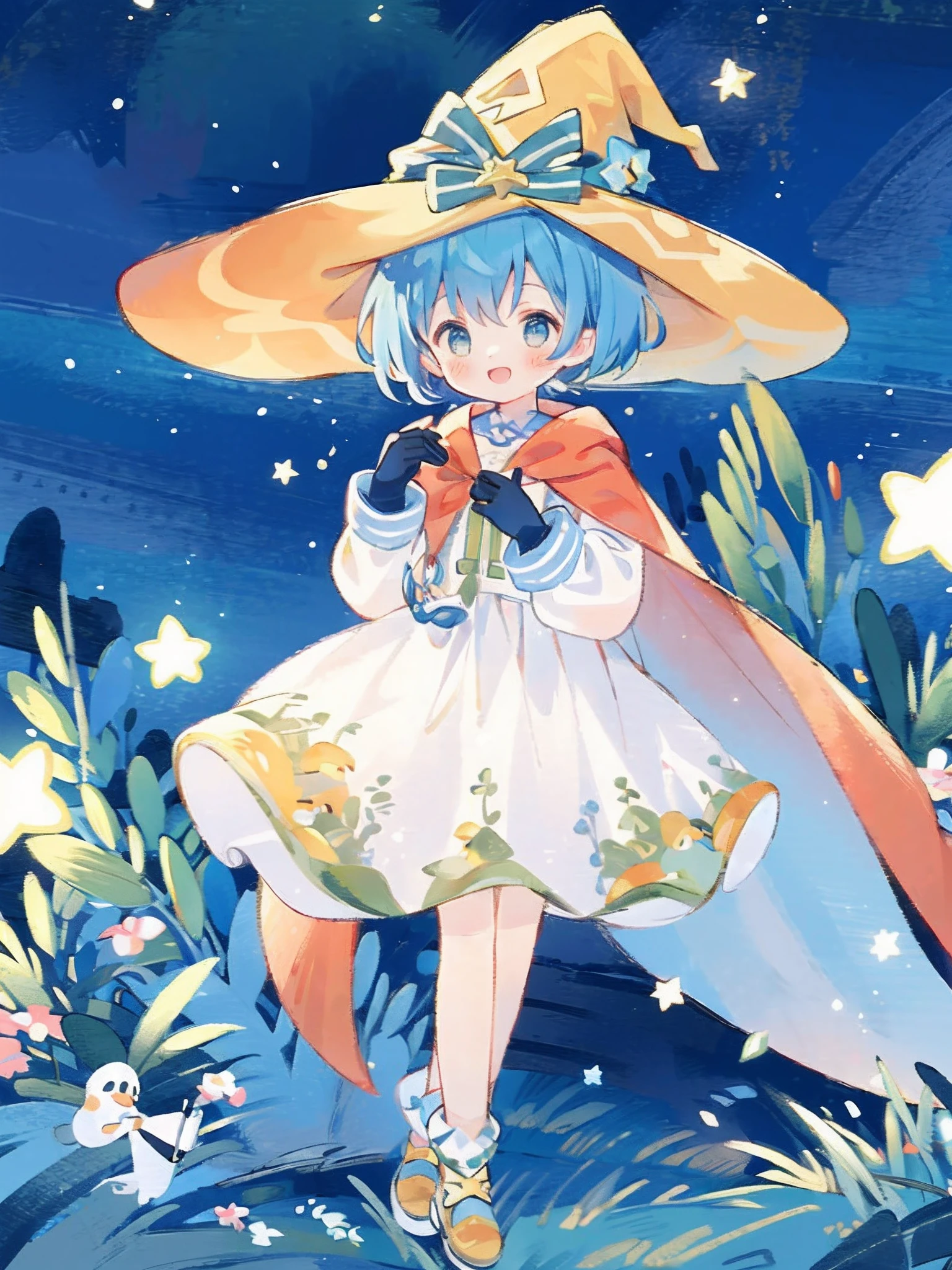 ((masterpiece:1.2, best quality)), 1girl, solo, (witch hat), a close up of a girl with short blue hair, short hair, dress, aurora, night, star (sky), gloves, sky, white dress, night sky, open mouth, starry sky, light blue eyes, ribbon, very shorthair, red dress, smile, hair ribbon, cape, blue hair, (bird), magic, casting spell, dark clouds, night, (impressionism:1.4), alphonse mucha,