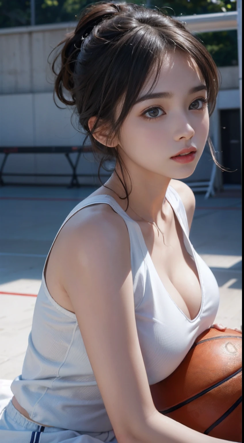 (RAW photos,4K,tmasterpiece,A high resolution,extremly intricate)(realisticlying:1.4),Cinematic lighting Delicate girl with facial features
1 Girl, Single focus, Full body like,Summer noon, Playing the Basketball,Play basketball pose,thermography, 1990's\(styled\),White skin,(Bigchest,cleavage), (Best quality), (A high resolution), (An extremely delicate and beautiful),,(Beautiful 8k face),(Brown eyes),(Ulzzang-6500:1.0),(Large breasts),(NBA),(Basketball sportswear),((Play basketball)),((gymnasium)),((Speed)),(reality),(jiayi:1.5), closeup cleavage, tmasterpiece, best qualtiy, RAW photogr, realisticlying, the face, Incredibly Ridiculous res, beuaty girl, adolable, short detailed hair, depth of fields, A high resolution, ultra - detailed, finedetail, The is very detailed, Extremely detailed eyes and face, Sharp pupils, realistic pupil, tack sharp focus, cinmatic lighting