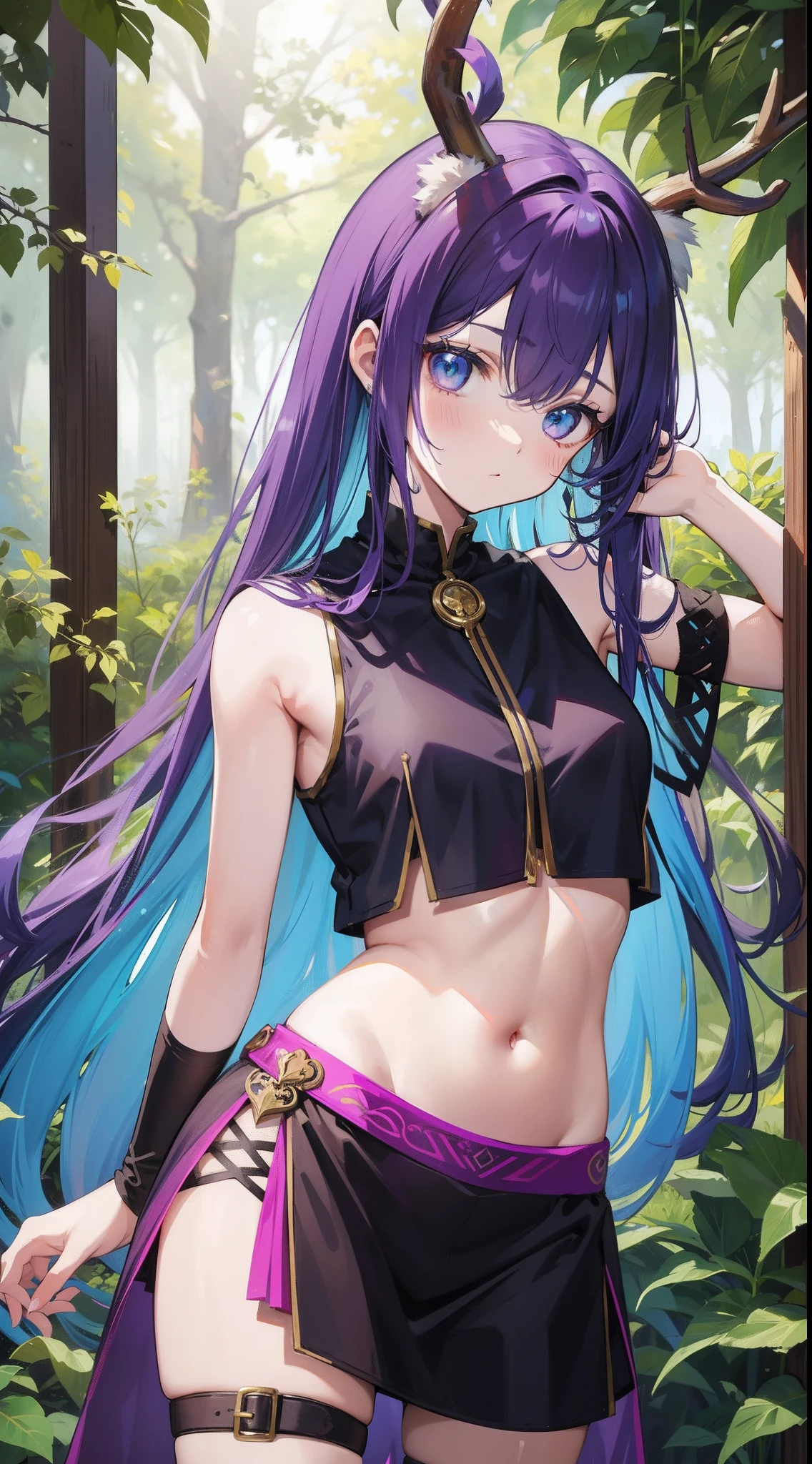 young girl, long purple hair, Cyan eyes, Deer antlers, confusion, Clothes made of leaves, Sleeveless, open belly, Masterpiece, hiquality