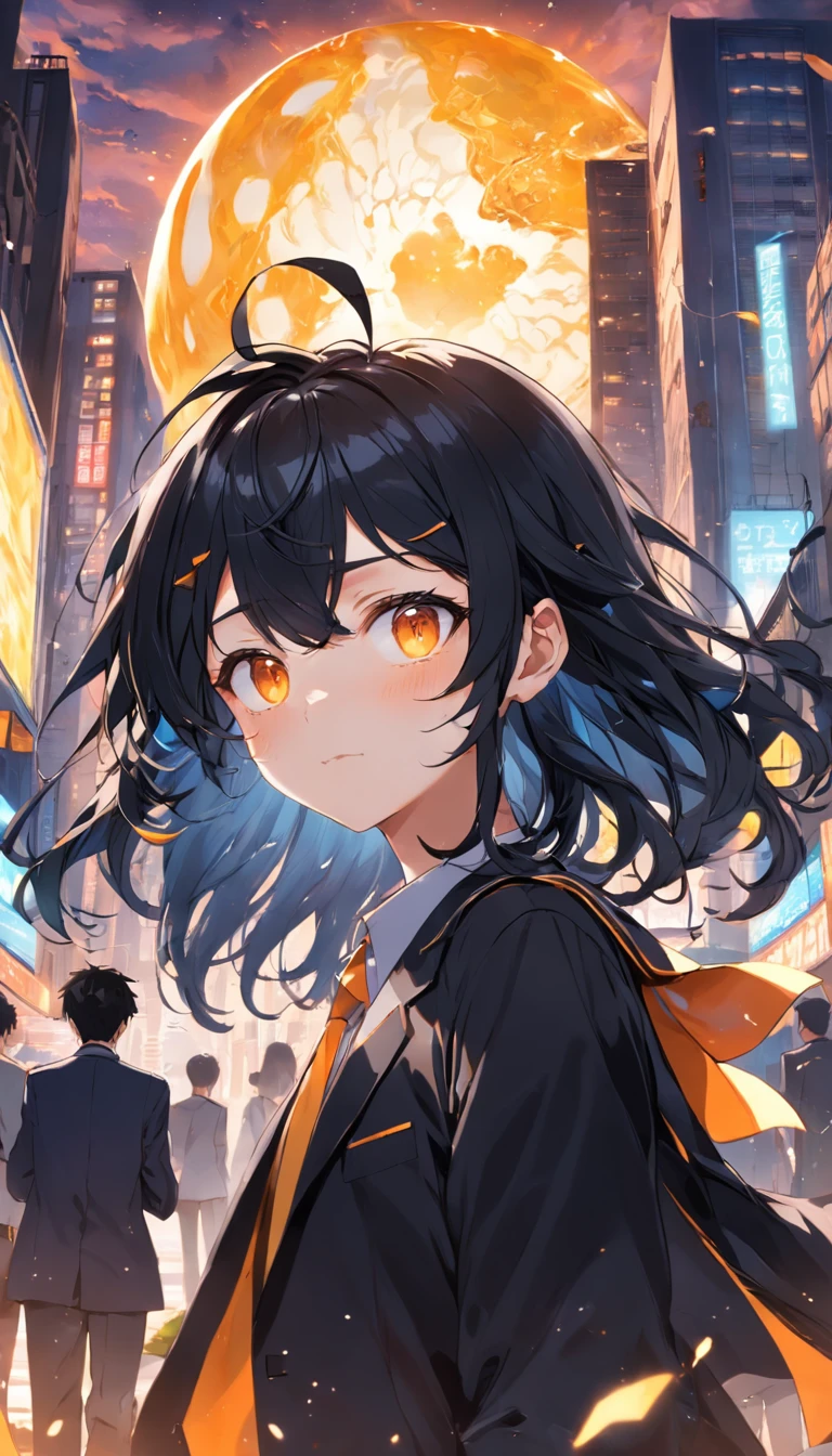 schoolboy,19years old,black color hair,quadratic element,high and cold,Orange eyes,Melon seed face,gold-wire glasses,Black suit dress for men,Two-dimensional city background,nevando,rays of sunshine