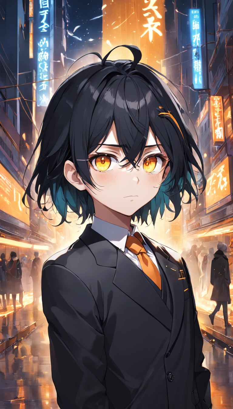 schoolboy,19years old,black color hair,quadratic element,high and cold,Orange eyes,Melon seed face,gold-wire glasses,Black suit dress for men,Two-dimensional city background,nevando,rays of sunshine