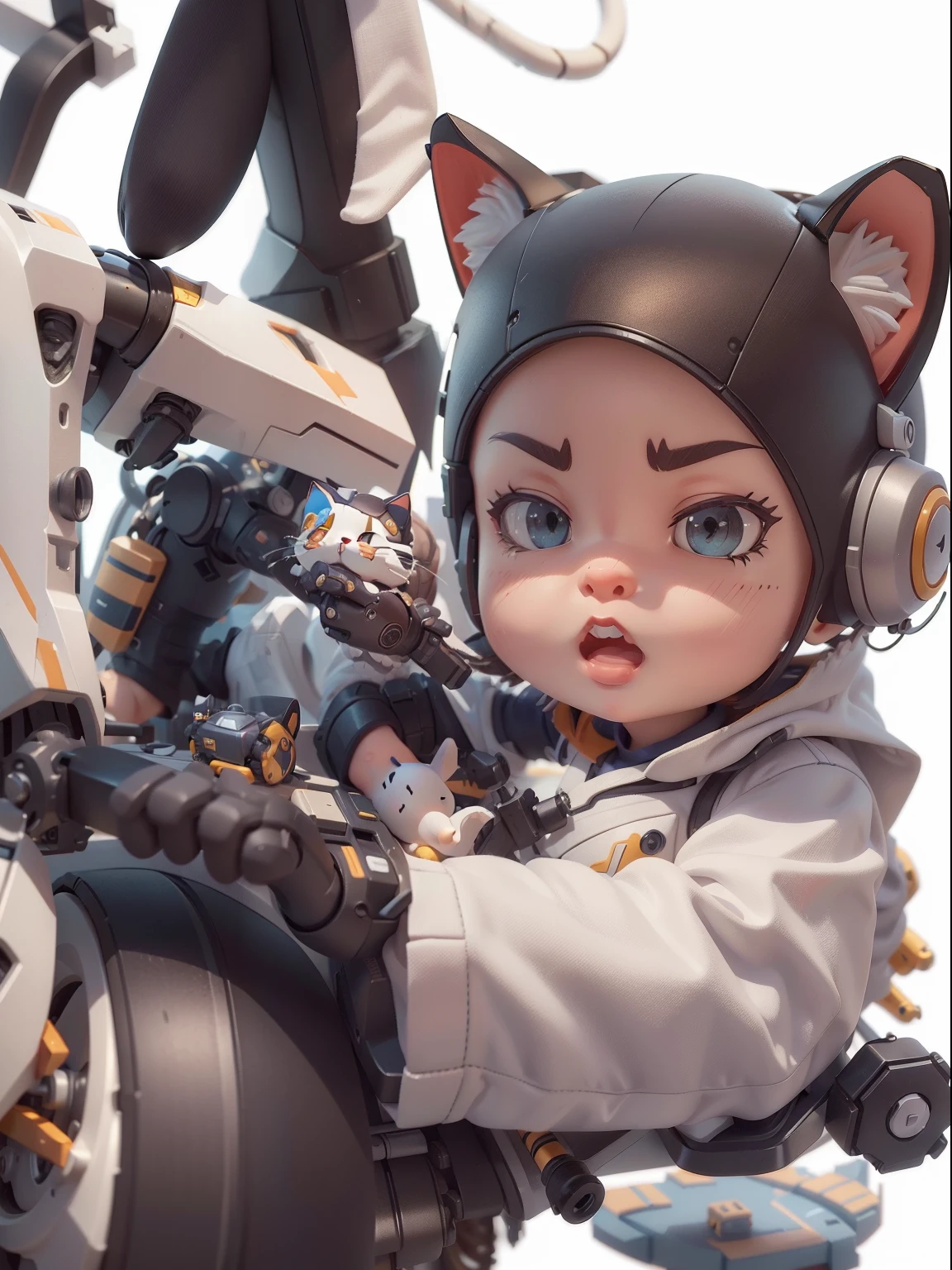 (Machinary,cat:1.331),(Mechanical cat tail),(White background),(Sit at the table for breakfast),Cute style,Small Man,big headed,(Hot Wheels:1.331),a 3D render,((Q version)),Pokémon style,Machine style,Cinematic texture,Figures,Pokémon,电影灯光,Heavy robotic arm,Mechanical belly,mechanical leg,mechanical leg,Mechanical feel,The background surrounds lightning,salama,mizore,Clean white background,Ray traching,Premium color,Full body 3D model,Action,Stylish blind box toy。(fill body:1.2),tchibi