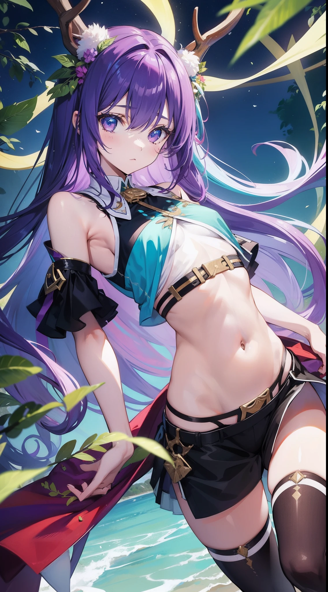 young girl, long purple hair, Cyan eyes, Deer antlers, confusion, Clothes made of leaves, Sleeveless, open belly, Masterpiece, hiquality